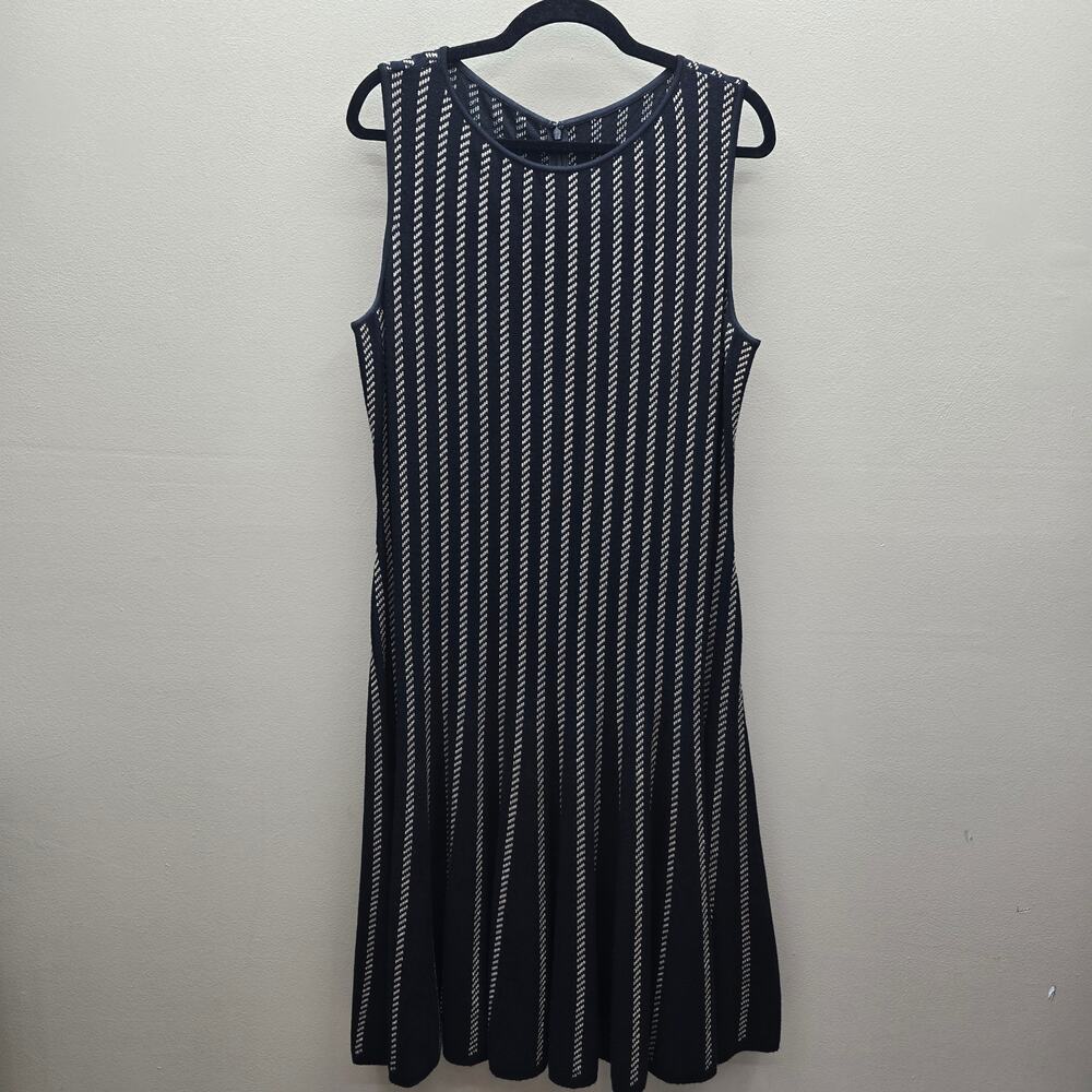 St. John Sleeveless Swing Dress Size 12 Knit Flounce Hem Black w/Gold Embroidery